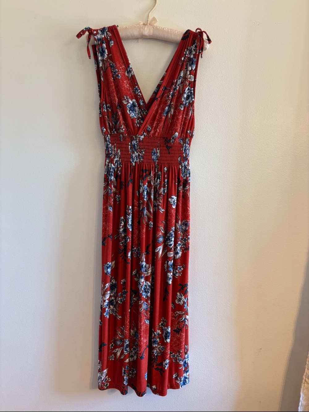 Red Floral V-Neck Maxi Dress with Tie Shoulders